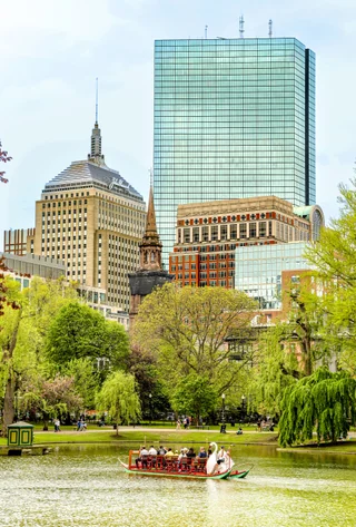 Swan boat on the Boston Public Garden pond, with trees and the city skyline behind.